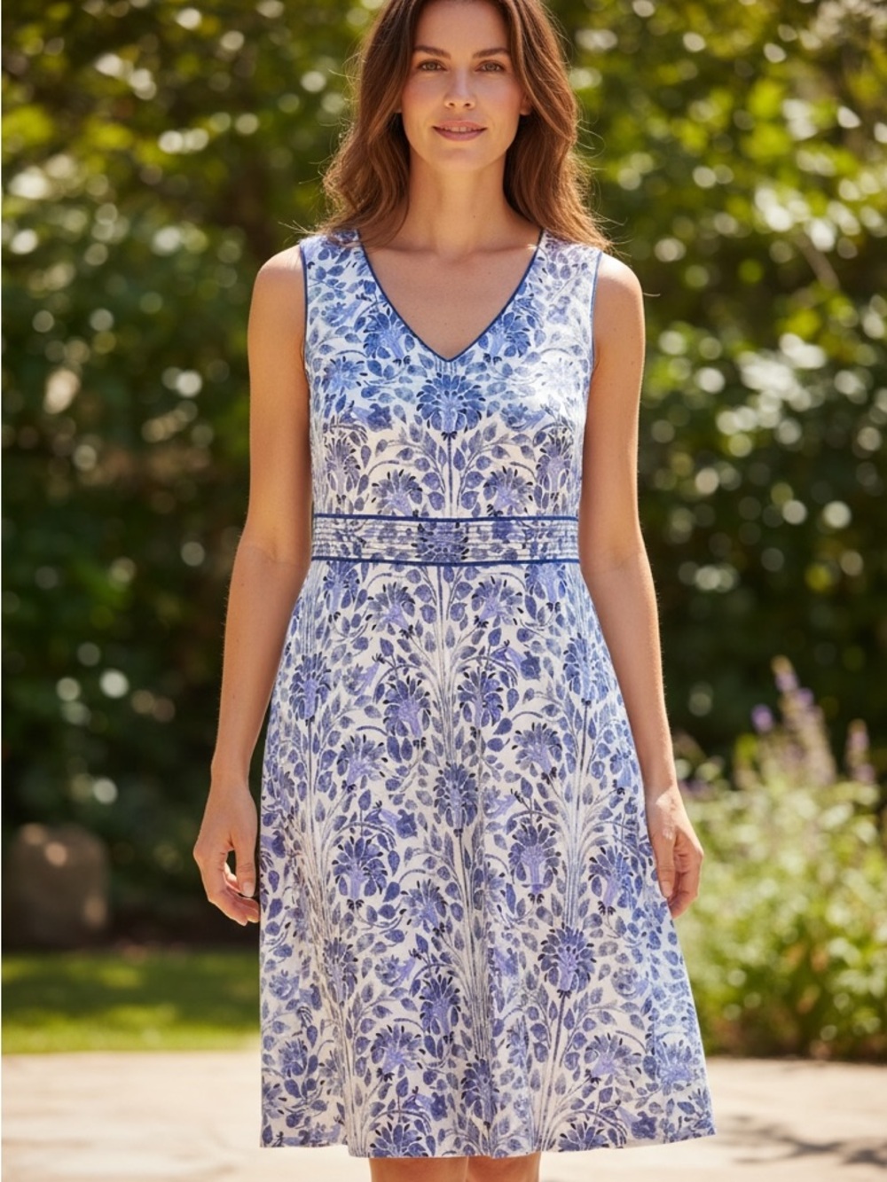 Tory Burch Blue White Floral Sleeveless V-Neck A-Line Zip Dress Size M 100% silk
